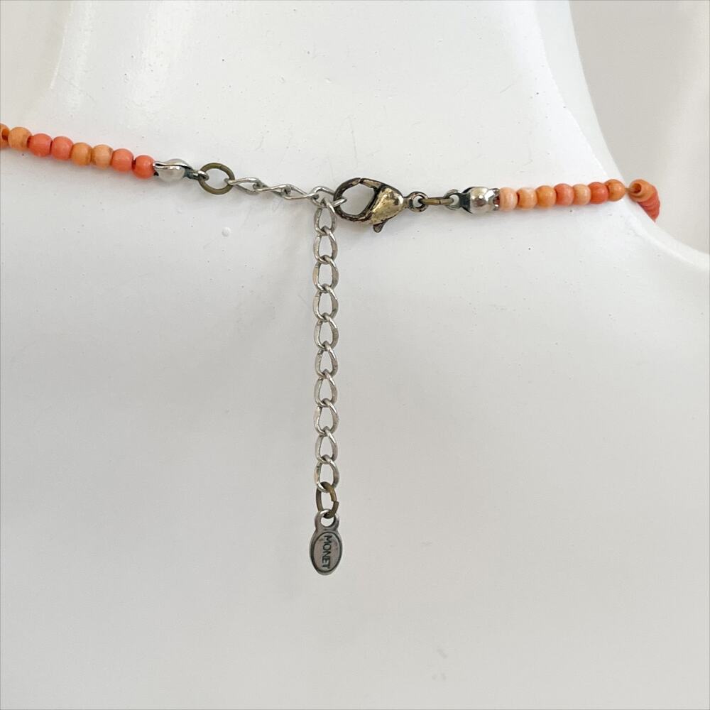 MONET Signed Coral Cabochon Antique Brass Necklace Vintage - Picture 6 of 11